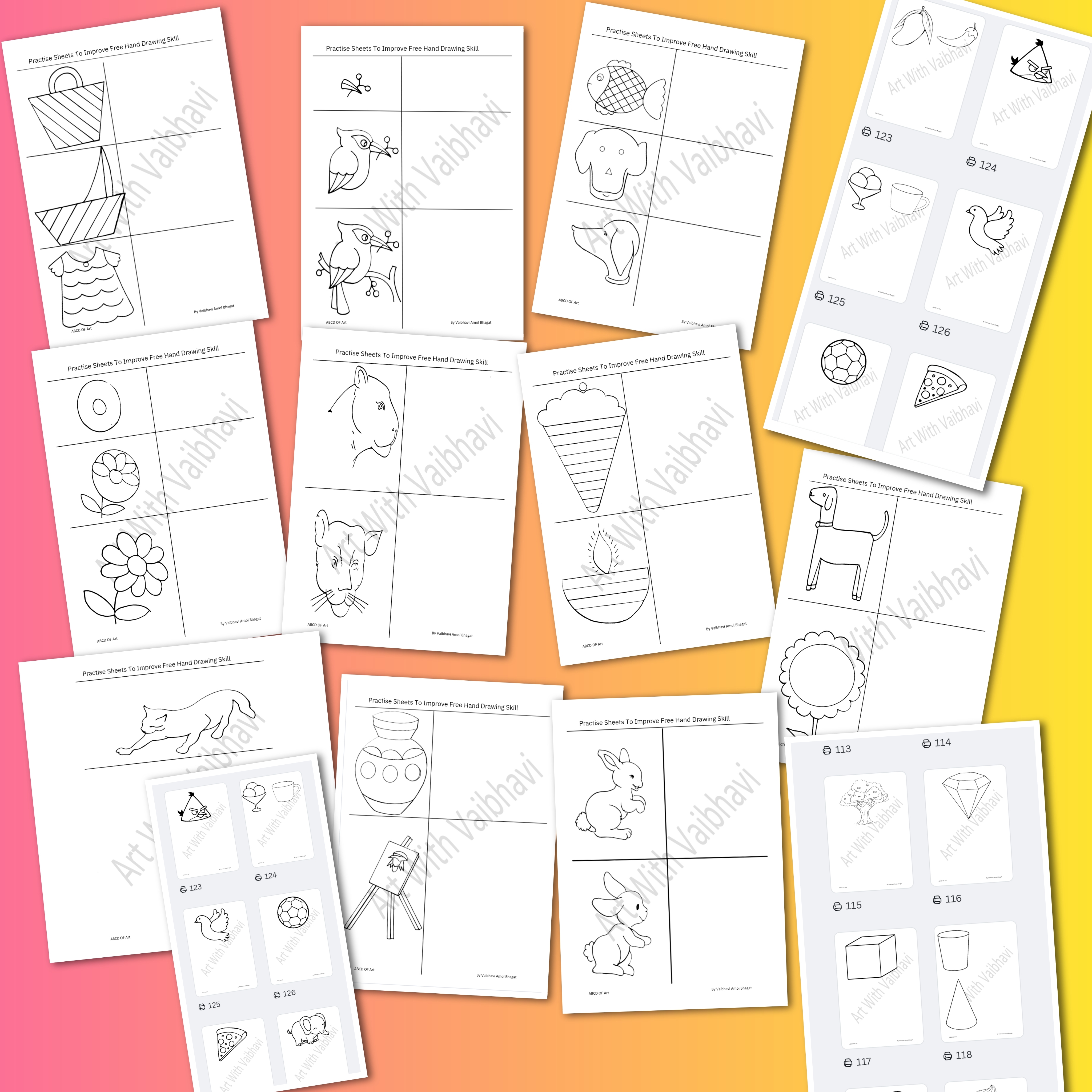 Free hand drawing practice worksheets with basic shapes.